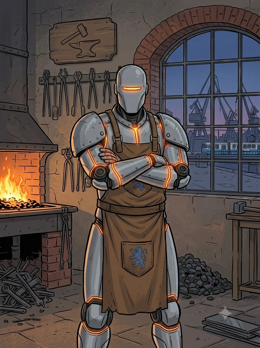 Rune with arms crossed by the forge, visor steady, the fire low in his seams